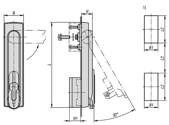塑料旋转杆，方形安装孔，安装孔间距 50x55x50mm，带盖板