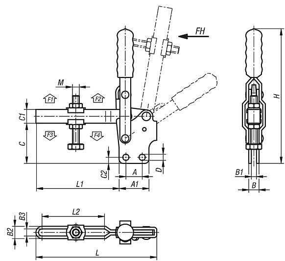Toggle clamps vertical with straight foot and adjustable clamping spindle