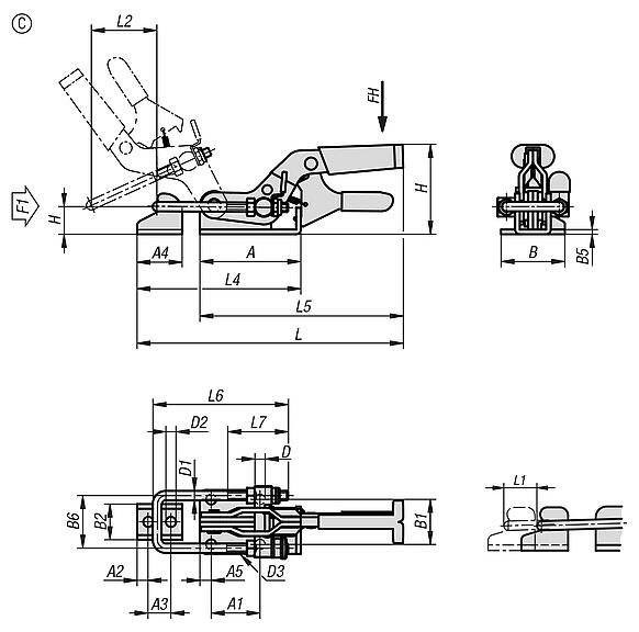 钢制或不锈钢制水平压紧式环箍夹钳，带固定夹具和安全锁，最大承重 9000N
