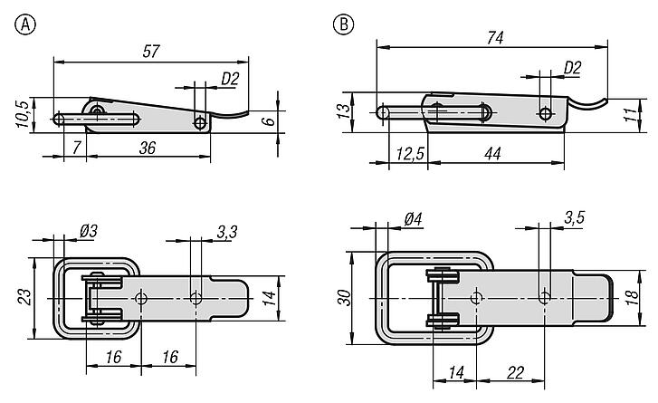 带拉环的钢制或不锈钢搭扣，承载力可达 2000 N，带隐藏式旋拧孔