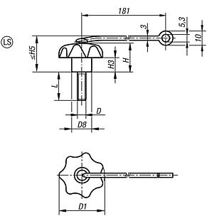 Star grips with safety cable similar to DIN 6336, external thread, Form LS - inch