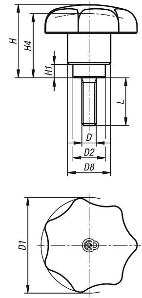 Star grips, plastic with safety function, with external thread - inch