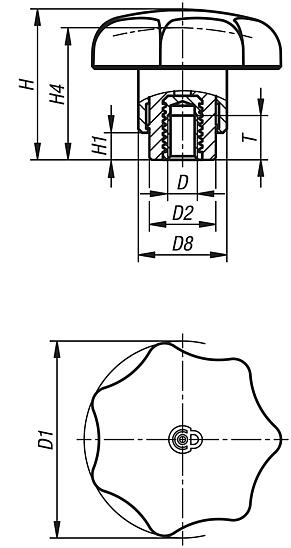 Star grips, plastic with safety function, with internal thread - inch