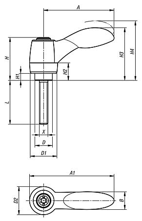 Clamping levers 2K with external thread, threaded pin stainless steel