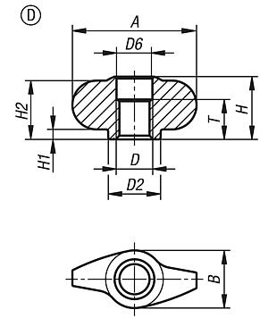 “Miniwing”不锈钢蝶形旋钮，D 型，螺纹镗孔 - inch