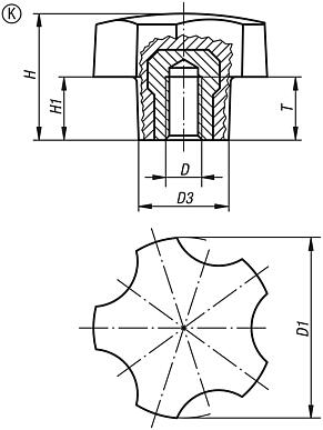 塑料（热固性塑料）五星把手，钢制螺纹嵌入件，带内螺纹
