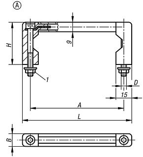 Pull handles, aluminium with plastic grip legs and ribbed grip, mounted from the front