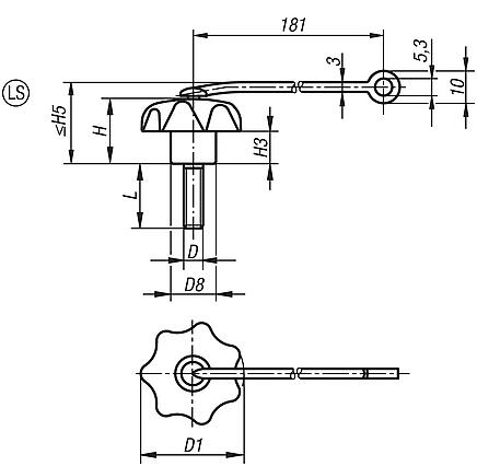 Star grips with safety cable similar to DIN 6336, steel parts stainless steel, external thread, Form LS - inch