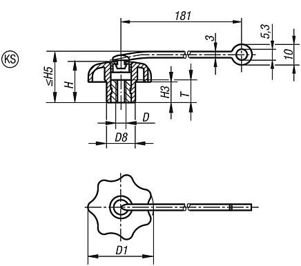 Star grips with safety cable similar to DIN 6336, internal thread, Form KS