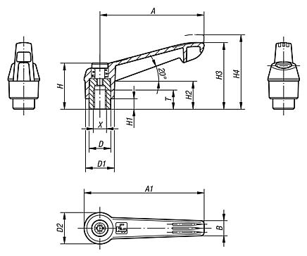 Clamping levers, plastic, antistatic with internal thread, threaded insert black oxidised steel