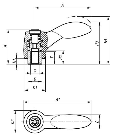 Clamping levers 2K with internal thread, threaded insert stainless steel - inch