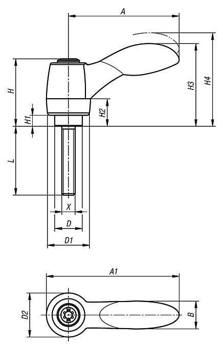 Clamping levers 2K with external thread, threaded pin black oxidised steel - inch