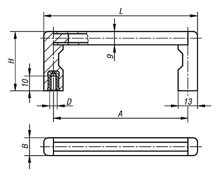 Pull handles, aluminium with plastic grip legs and ribbed grip, mounted from the rear