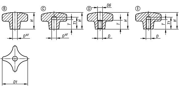 十字旋钮，DIN 6335，灰口铸铁制 - inch