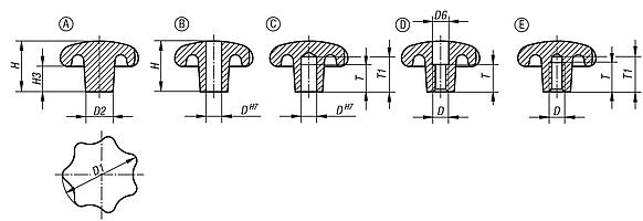 Star grips grey cast iron, DIN 6336 - inch
