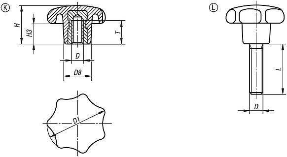 Star grips similar to DIN 6336, metal parts stainless steel