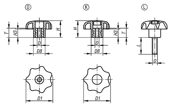 Star grips similar to DIN 6336, metal parts stainless steel - inch