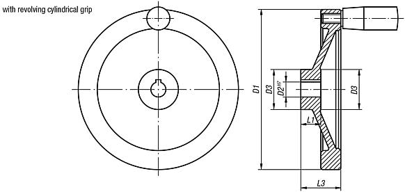 Handwheels disc, aluminium, with revolving cylinder grip