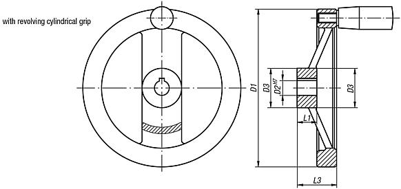 2-spoke handwheels, powder coated aluminium, with revolving cylindrical grip