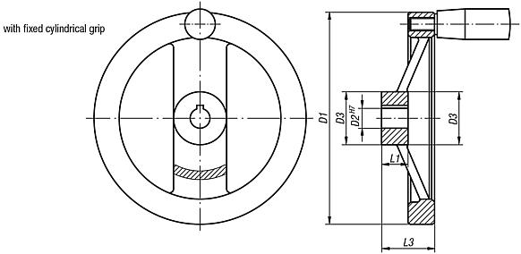 2-spoke handwheels, powder coated aluminium, with fixed cylindrical grip