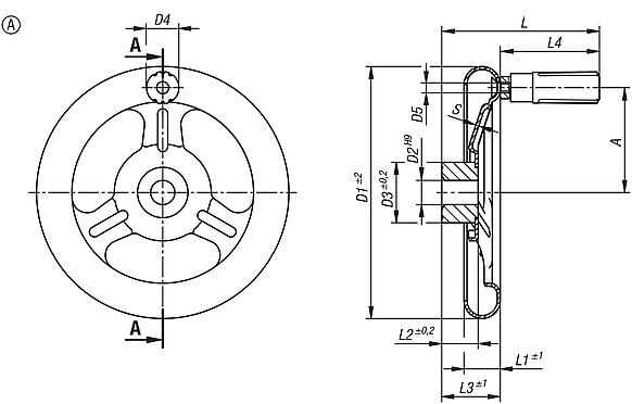 Spoked handwheels, sheet stainless steel, with revolving cylinder grip, Form A, 3 spokes