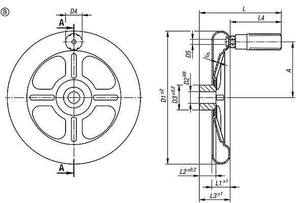 Spoked handwheels, sheet stainless steel, with revolving cylinder grip, Form B, 4 spokes