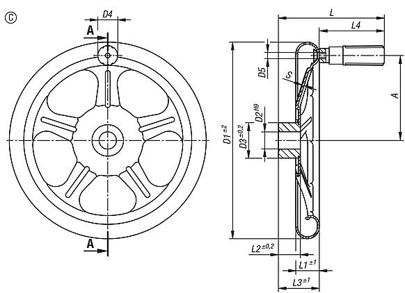 Spoked handwheels, sheet steel, with revolving cylinder grip, Form C, 5 spokes