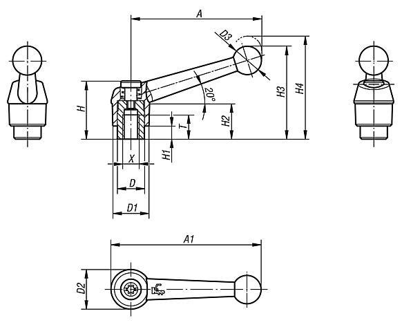 Clamping levers, die-cast zinc with internal thread, black and silver, threaded insert stainless steel