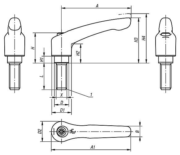 Clamping levers, electropolished or abrasive blasted stainless steel, with external thread, threaded insert stainless steel