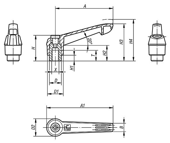 Clamping levers, plastic, with internal thread and zinc toothed ring, threaded insert black oxidised steel