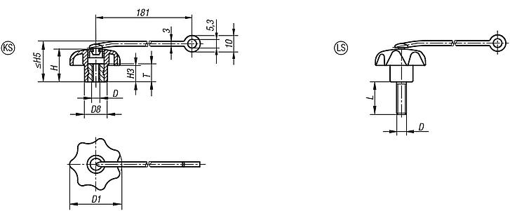 Star grips with safety cable similar to DIN 6336 - inch