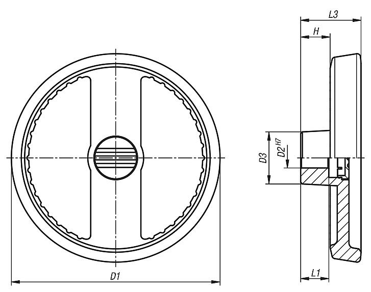 2-spoke handwheels, aluminium, without grip, Form C with reamed hole and keyway