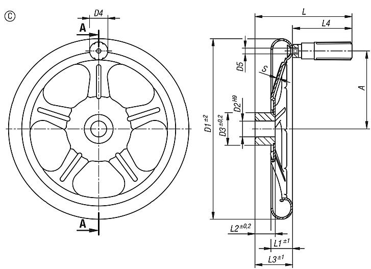 Spoked handwheels, sheet stainless steel, with revolving cylinder grip, Form C, 5 spokes