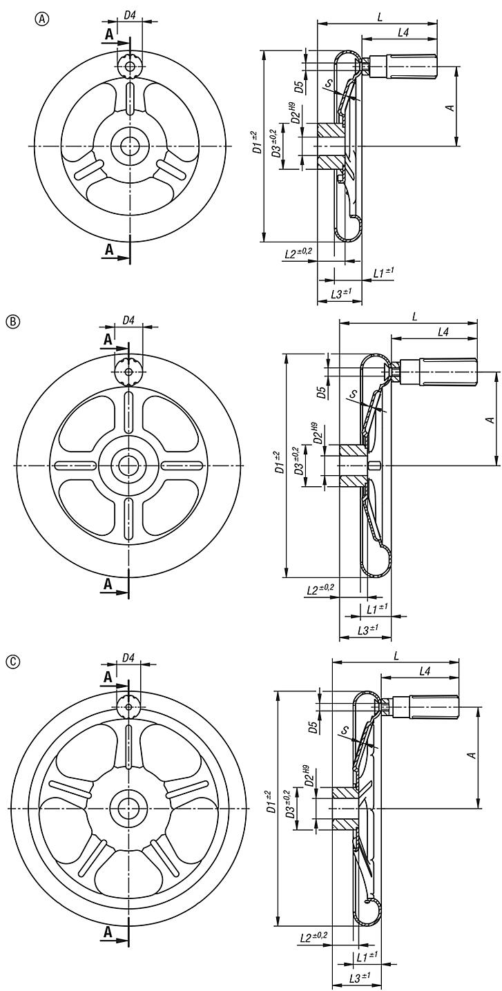 Spoked handwheels, stainless steel sheet, with revolving cylinder grip