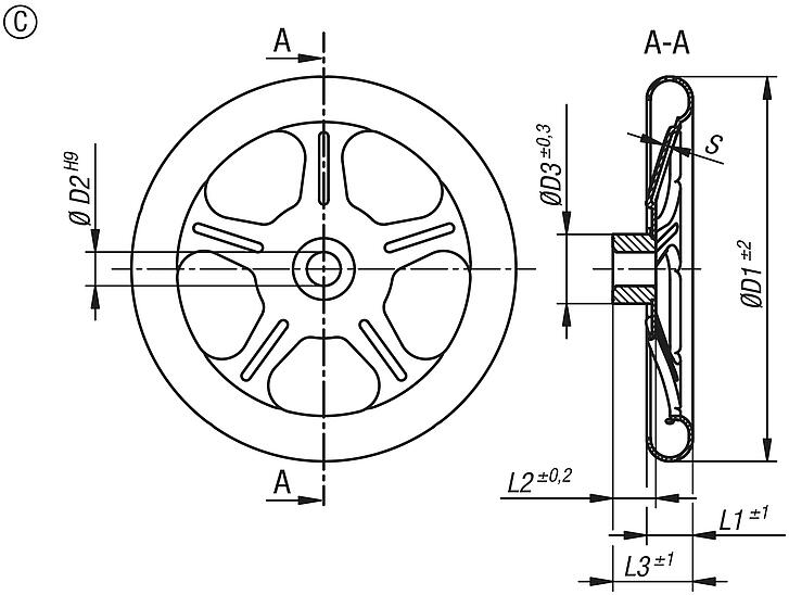 Spoked handwheels, sheet steel, Form C 5 spokes