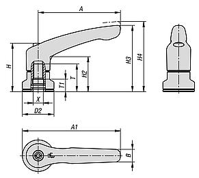 带内螺纹和夹紧加强垫的压铸锌锁紧手柄，哑光丝面处理，不锈钢螺纹嵌入件