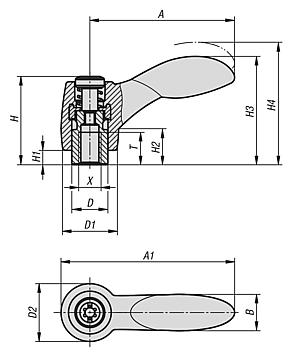 带内螺纹的 2K 锁紧手柄，钢制螺纹嵌入件经氧化处理