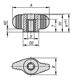 蝶形旋钮 "Miniwing"，带螺纹通孔 - inch