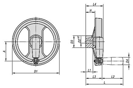 Handwheels 2-spoke plastic, with folding grip - inch