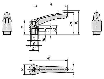 带内螺纹的塑料锁紧手柄，钢制螺纹嵌入件经氧化处理 - inch