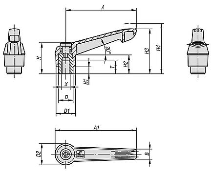 Clamping levers, plastic, with internal thread and zinc toothed ring, threaded insert, stainless steel, inch - inch
