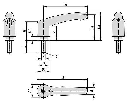 塑料锁紧手柄，带外螺纹和安全功能，钢制螺纹嵌入件经蓝色钝化处理 - inch