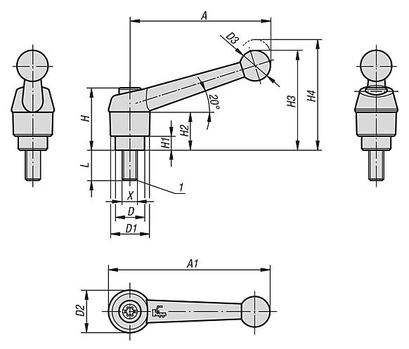 带外螺纹的压铸锌锁紧手柄，黑色和银色，不锈钢螺纹嵌入件