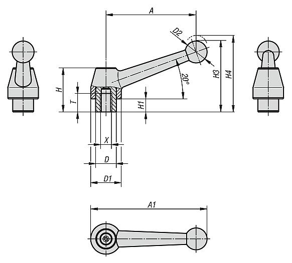 带内螺纹的钢制锁紧手柄，锤纹漆表面处理，钢制螺纹嵌入件经氧化处理