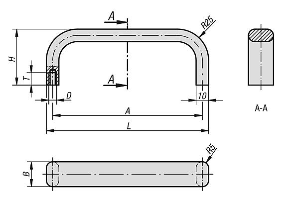 阳极氧化铝制弓形把手，椭圆形型材 20x10，从背面安装