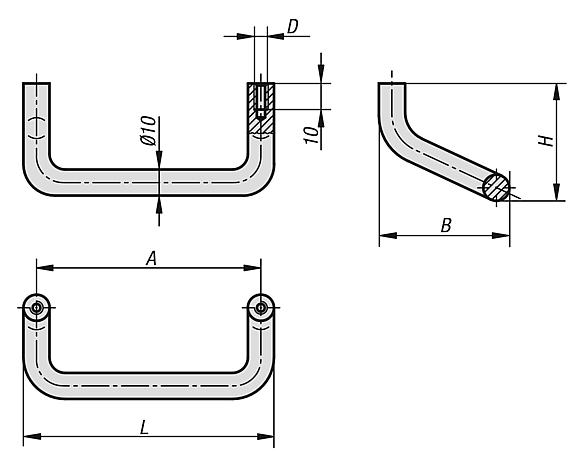 阳极氧化铝制弓形把手，圆形倾斜式，圆形型材直径 10，从背面安装
