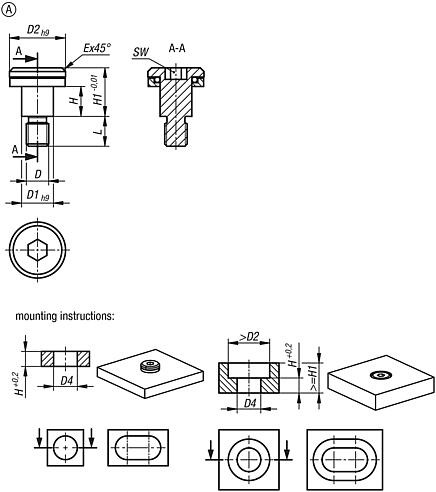 Steel flat head screw with tolerance compensation for floating joint, with external thread