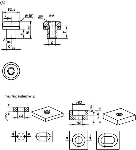 Steel flat head screw with tolerance compensation 
for floating joint, with internal thread