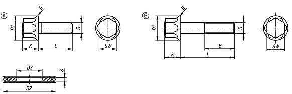 Stainless steel hexagon head bolts with collar and seal and shim washer for Hygienic USIT® set