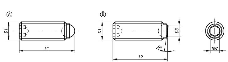 Ball-end thrust screws without headwith fine thread